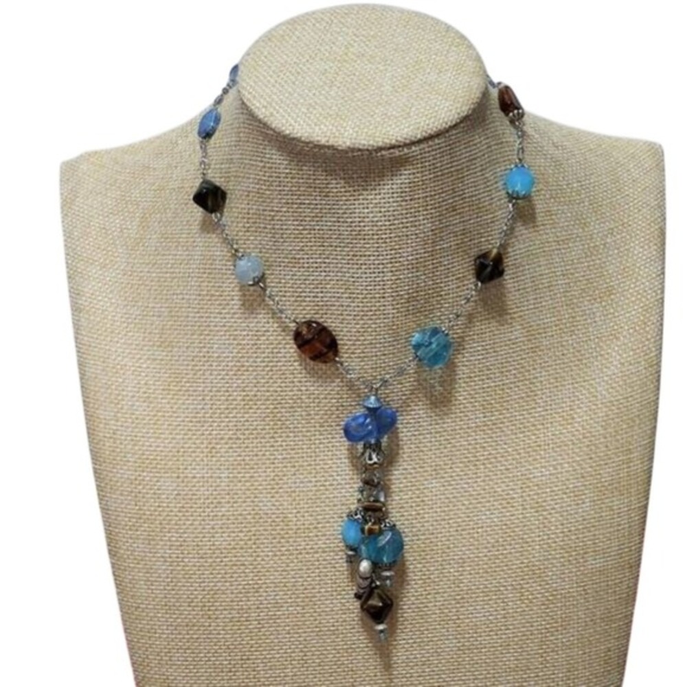 Treska Bohemian Blue‎ Brown Glass Beaded Tassel Necklace Silver Tone Leaf Charm
